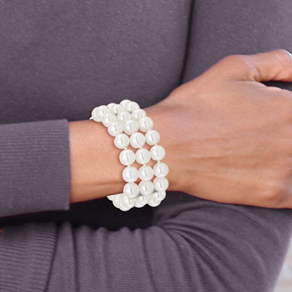 7.5 Inch Majestik Sterling Silver Rhodium-Plated 3 Row 10-11mm White Imitation Shell Pearl Hand-Knotted Bracelet