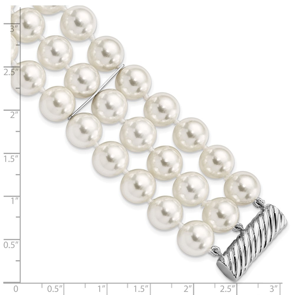 7.5 Inch Majestik Sterling Silver Rhodium-Plated 3 Row 10-11mm White Imitation Shell Pearl Hand-Knotted Bracelet