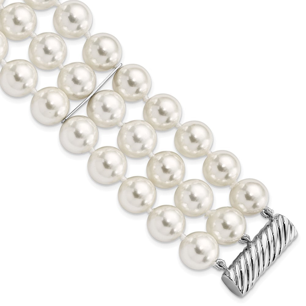7.5 Inch Majestik Sterling Silver Rhodium-Plated 3 Row 10-11mm White Imitation Shell Pearl Hand-Knotted Bracelet