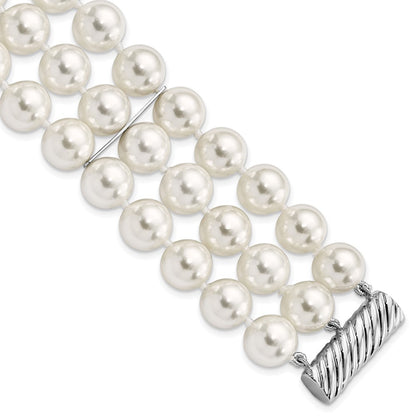7.5 Inch Majestik Sterling Silver Rhodium-Plated 3 Row 10-11mm White Imitation Shell Pearl Hand-Knotted Bracelet