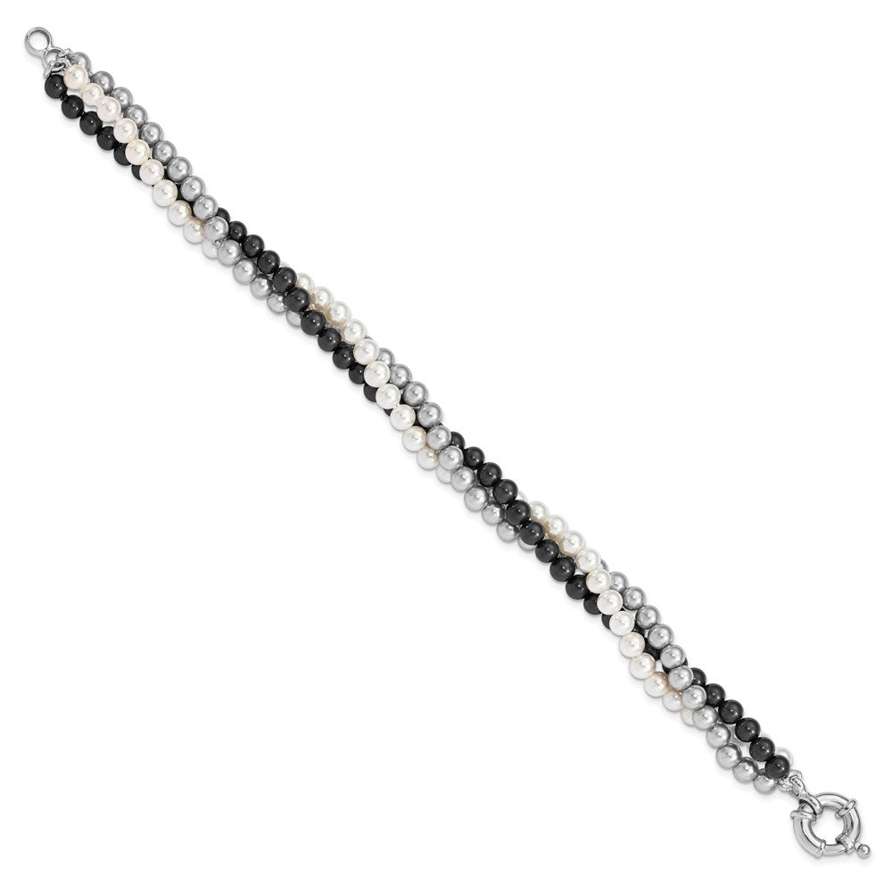7.5 Inch Majestik Sterling Silver Rhodium-Plated 3 Row 4-5mm White Grey Black Imitation Shell Pearl Hand-Knotted Bracelet