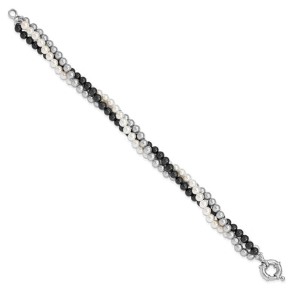7.5 Inch Majestik Sterling Silver Rhodium-Plated 3 Row 4-5mm White Grey Black Imitation Shell Pearl Hand-Knotted Bracelet