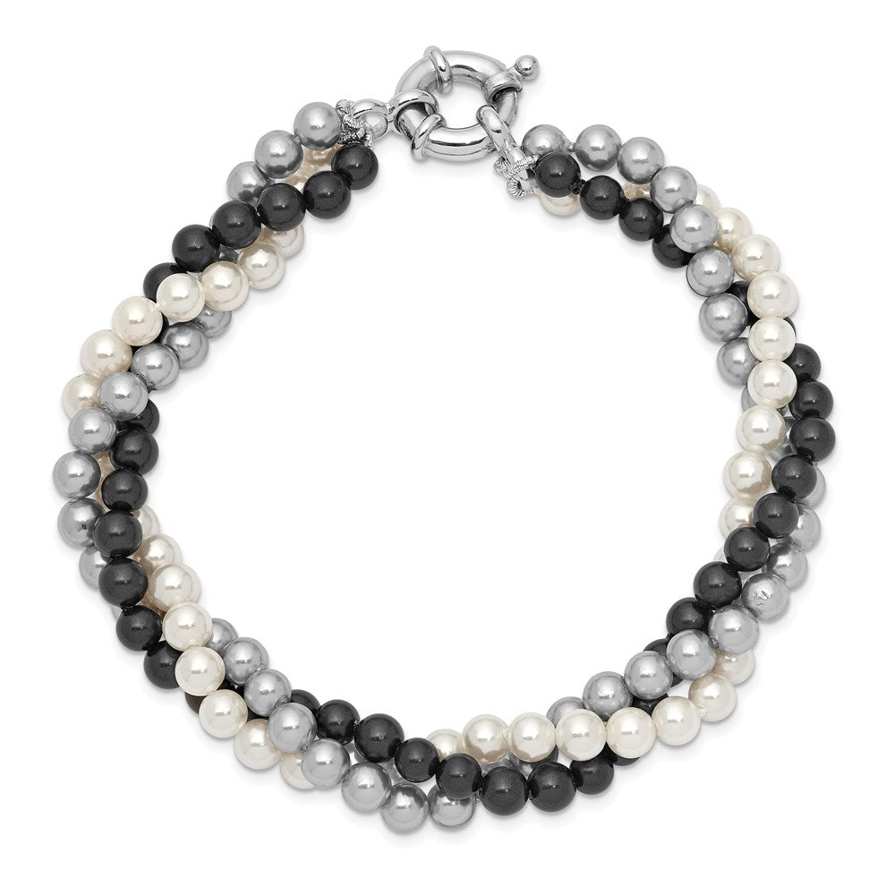 7.5 Inch Majestik Sterling Silver Rhodium-Plated 3 Row 4-5mm White Grey Black Imitation Shell Pearl Hand-Knotted Bracelet