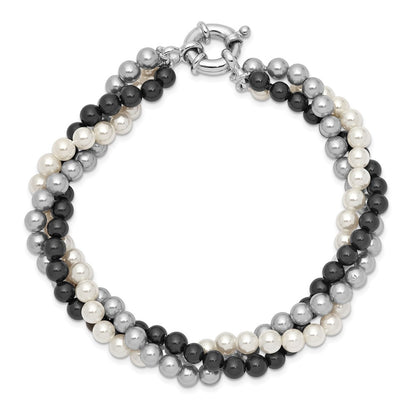 7.5 Inch Majestik Sterling Silver Rhodium-Plated 3 Row 4-5mm White Grey Black Imitation Shell Pearl Hand-Knotted Bracelet