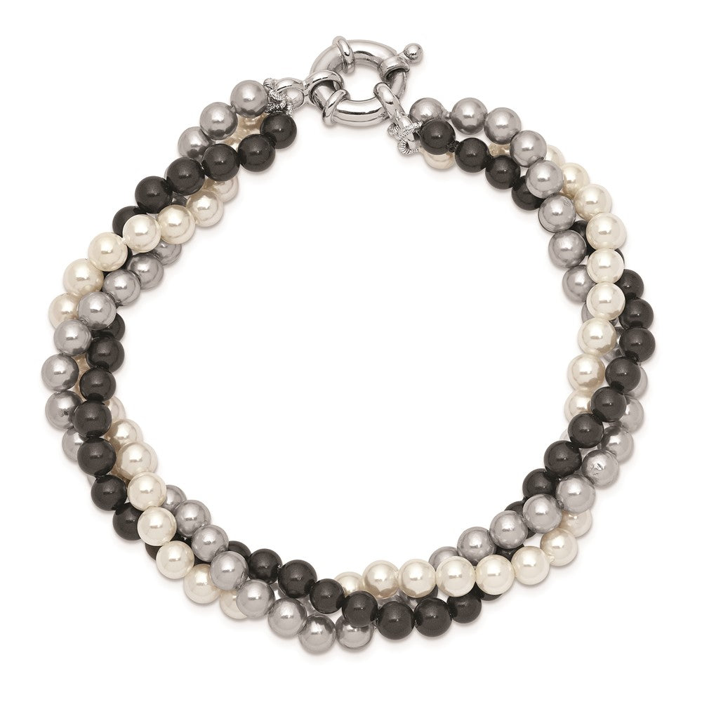 7.5 Inch Majestik Sterling Silver Rhodium-Plated 3 Row 4-5mm White Grey Black Imitation Shell Pearl Hand-Knotted Bracelet