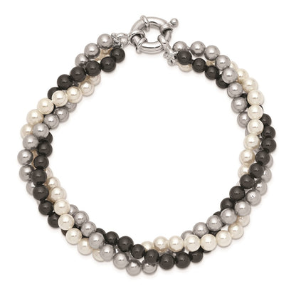 7.5 Inch Majestik Sterling Silver Rhodium-Plated 3 Row 4-5mm White Grey Black Imitation Shell Pearl Hand-Knotted Bracelet
