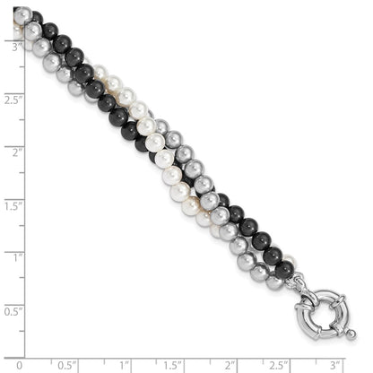 7.5 Inch Majestik Sterling Silver Rhodium-Plated 3 Row 4-5mm White Grey Black Imitation Shell Pearl Hand-Knotted Bracelet