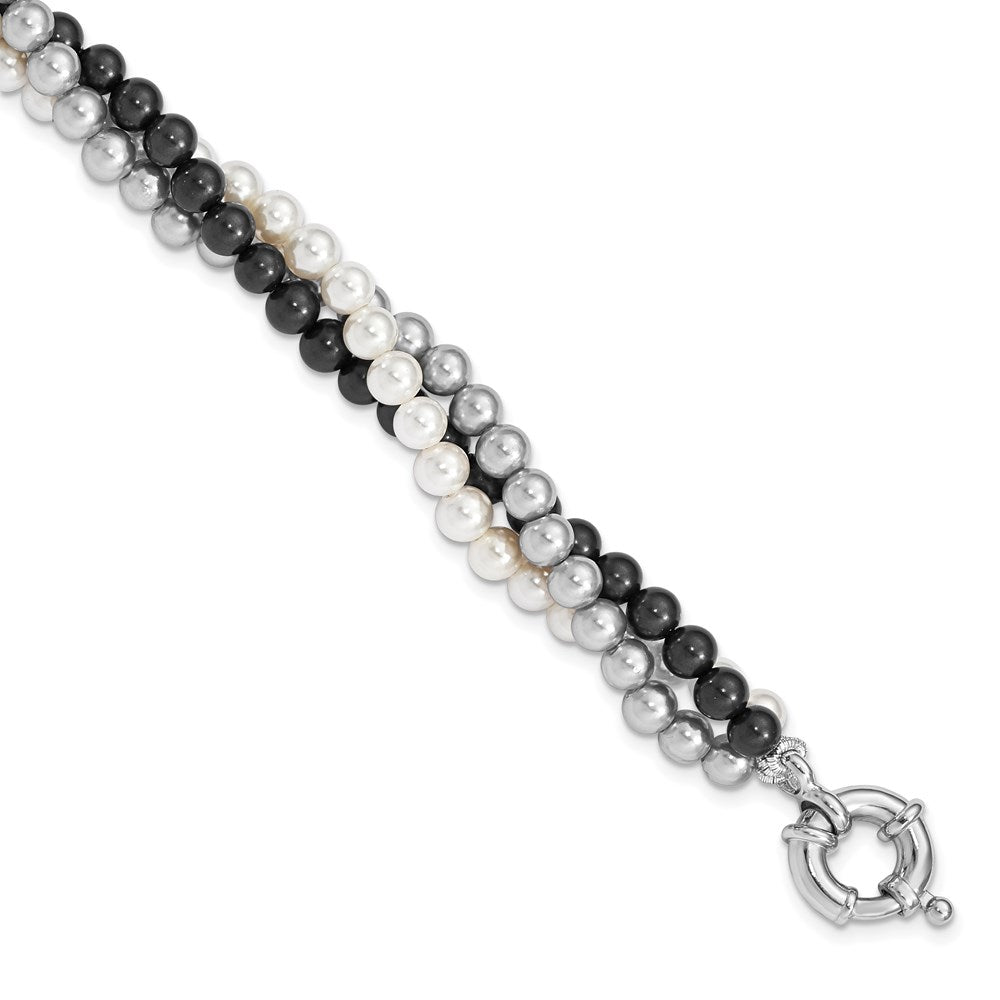7.5 Inch Majestik Sterling Silver Rhodium-Plated 3 Row 4-5mm White Grey Black Imitation Shell Pearl Hand-Knotted Bracelet