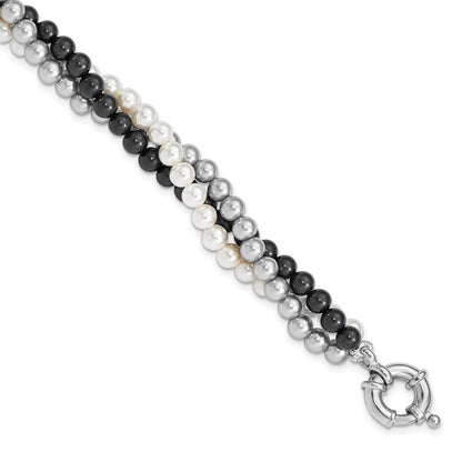 7.5 Inch Majestik Sterling Silver Rhodium-Plated 3 Row 4-5mm White Grey Black Imitation Shell Pearl Hand-Knotted Bracelet