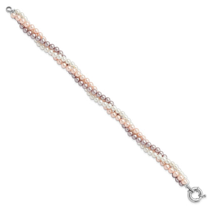 7.5 Inch Majestik Sterling Silver Rhodium-Plated 3Row 4-5mm White Pink Purple Imitation Shell Pearl Hand-Knotted Bracelet