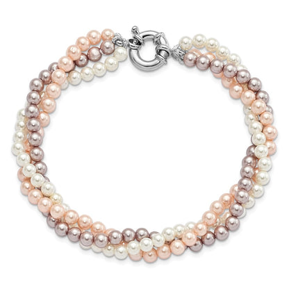 7.5 Inch Majestik Sterling Silver Rhodium-Plated 3Row 4-5mm White Pink Purple Imitation Shell Pearl Hand-Knotted Bracelet