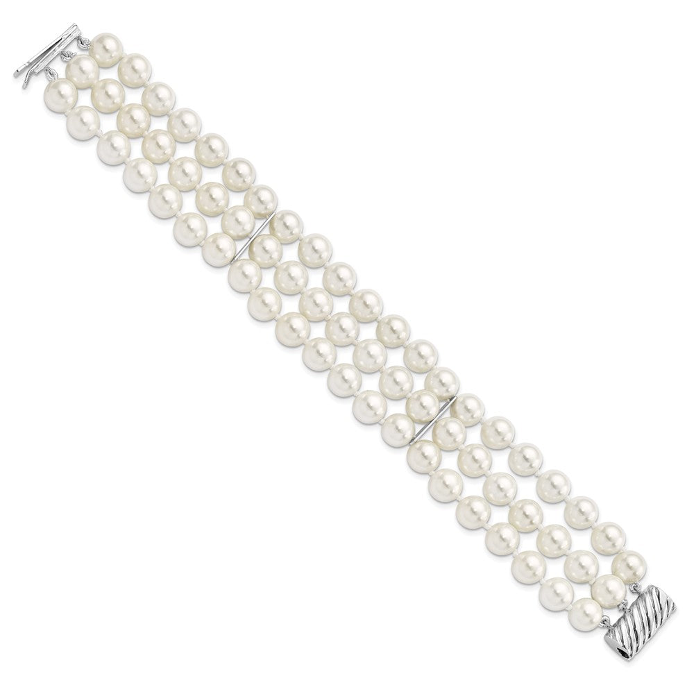 7.5 Inch Majestic Sterling Silver Rhodium-Plated 8-9mm White Imitation Shell Pearl Hand-Knotted Multi-Strand Bracelet