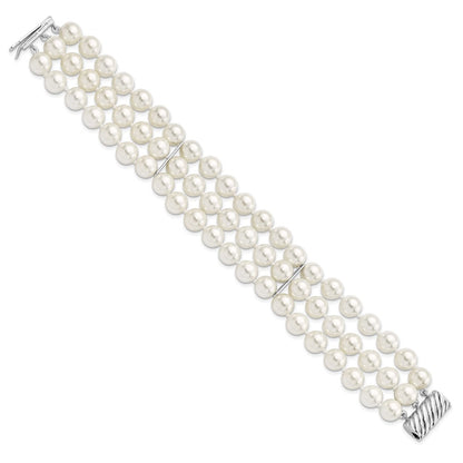 7.5 Inch Majestic Sterling Silver Rhodium-Plated 8-9mm White Imitation Shell Pearl Hand-Knotted Multi-Strand Bracelet