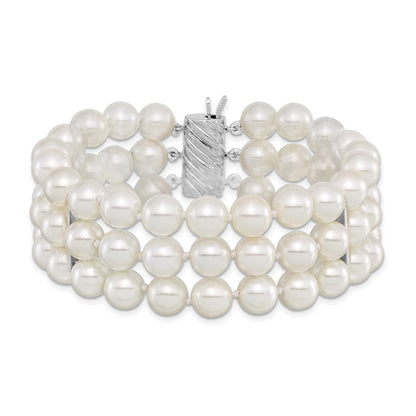 7.5 Inch Majestic Sterling Silver Rhodium-Plated 8-9mm White Imitation Shell Pearl Hand-Knotted Multi-Strand Bracelet