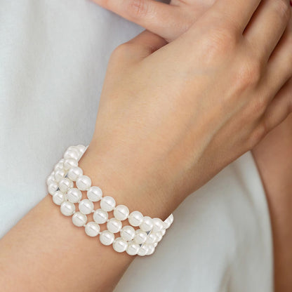 7.5 Inch Majestic Sterling Silver Rhodium-Plated 8-9mm White Imitation Shell Pearl Hand-Knotted Multi-Strand Bracelet