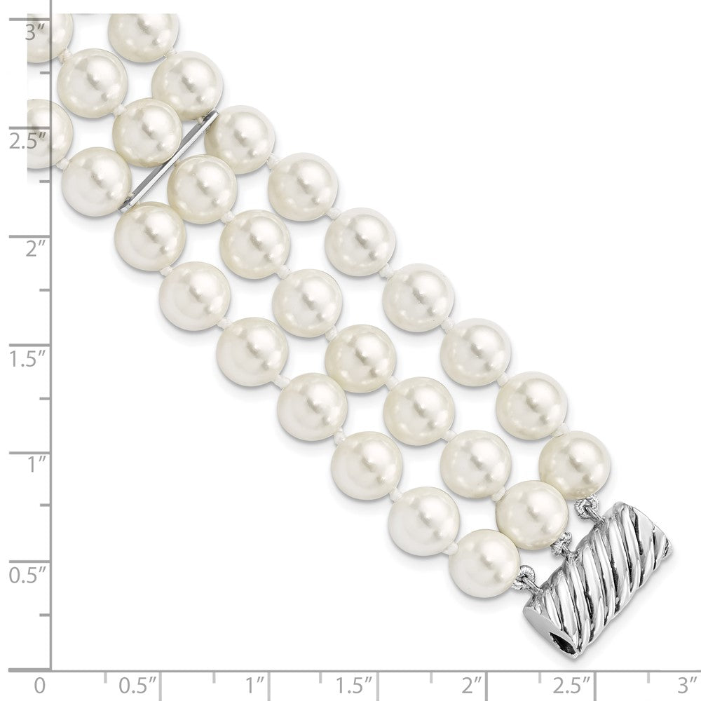 7.5 Inch Majestic Sterling Silver Rhodium-Plated 8-9mm White Imitation Shell Pearl Hand-Knotted Multi-Strand Bracelet