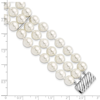 7.5 Inch Majestic Sterling Silver Rhodium-Plated 8-9mm White Imitation Shell Pearl Hand-Knotted Multi-Strand Bracelet