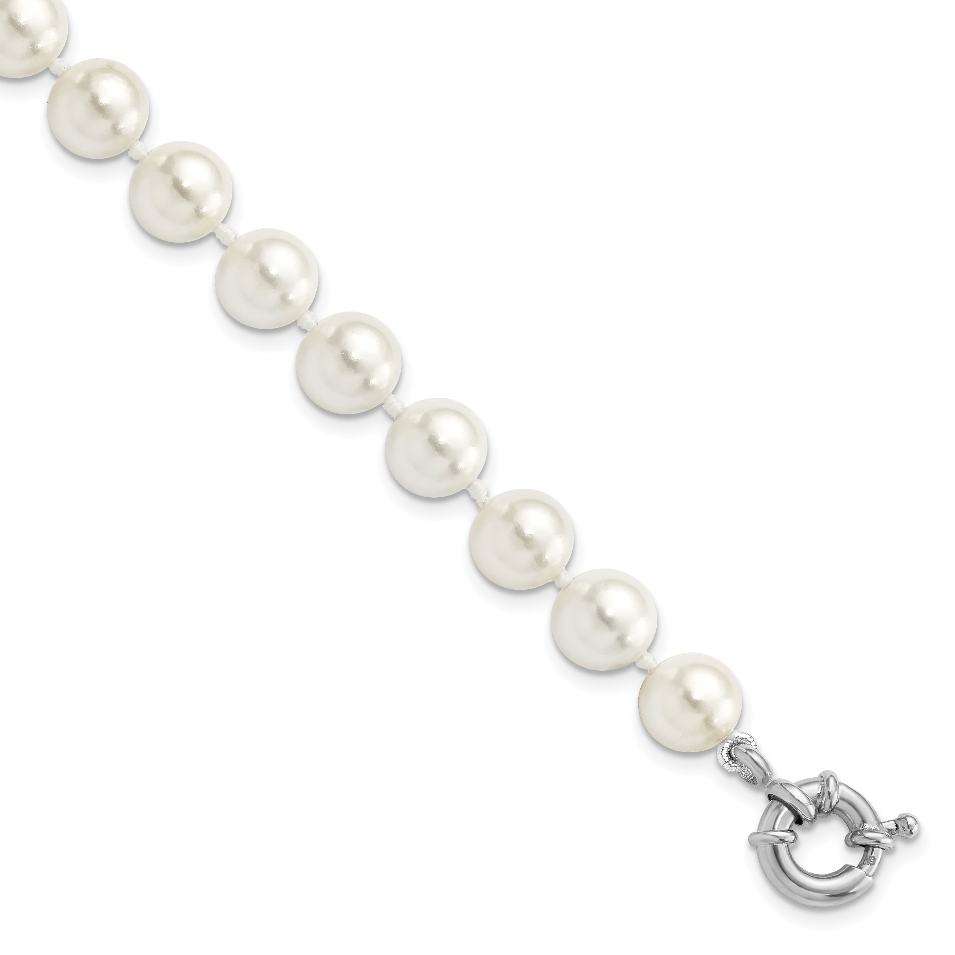 7.5 Inch Majestik Sterling Silver Rhodium-Plated 8-9mm White Imitation Shell Pearl Hand-Knotted Bracelet