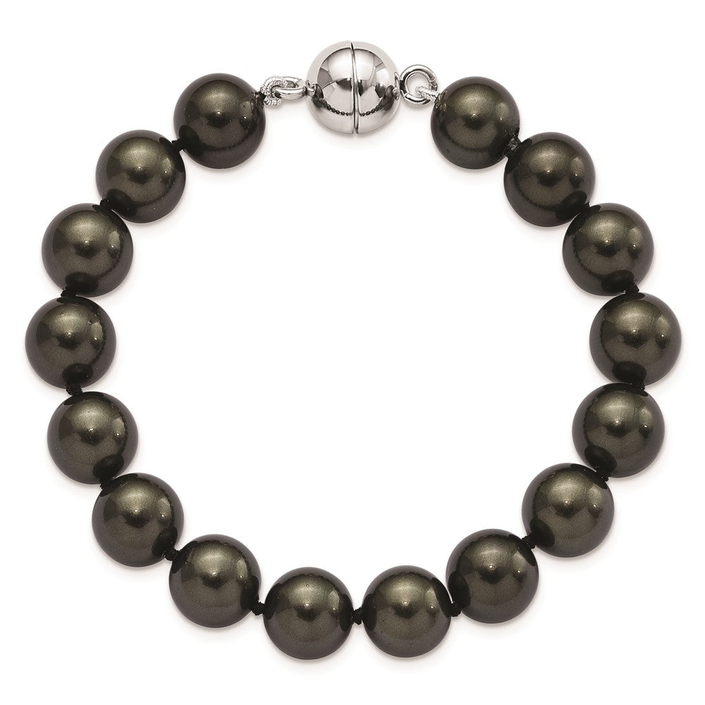 7.5 Inch Majestic Sterling Silver Rhodium-Plated 10-11mm Black Imitation Shell Pearl Hand-Knotted Bracelet