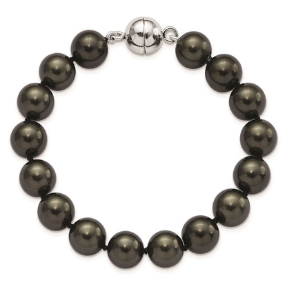 7.5 Inch Majestic Sterling Silver Rhodium-Plated 10-11mm Black Imitation Shell Pearl Hand-Knotted Bracelet