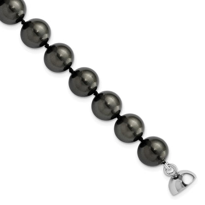 7.5 Inch Majestic Sterling Silver Rhodium-Plated 10-11mm Black Imitation Shell Pearl Hand-Knotted Bracelet