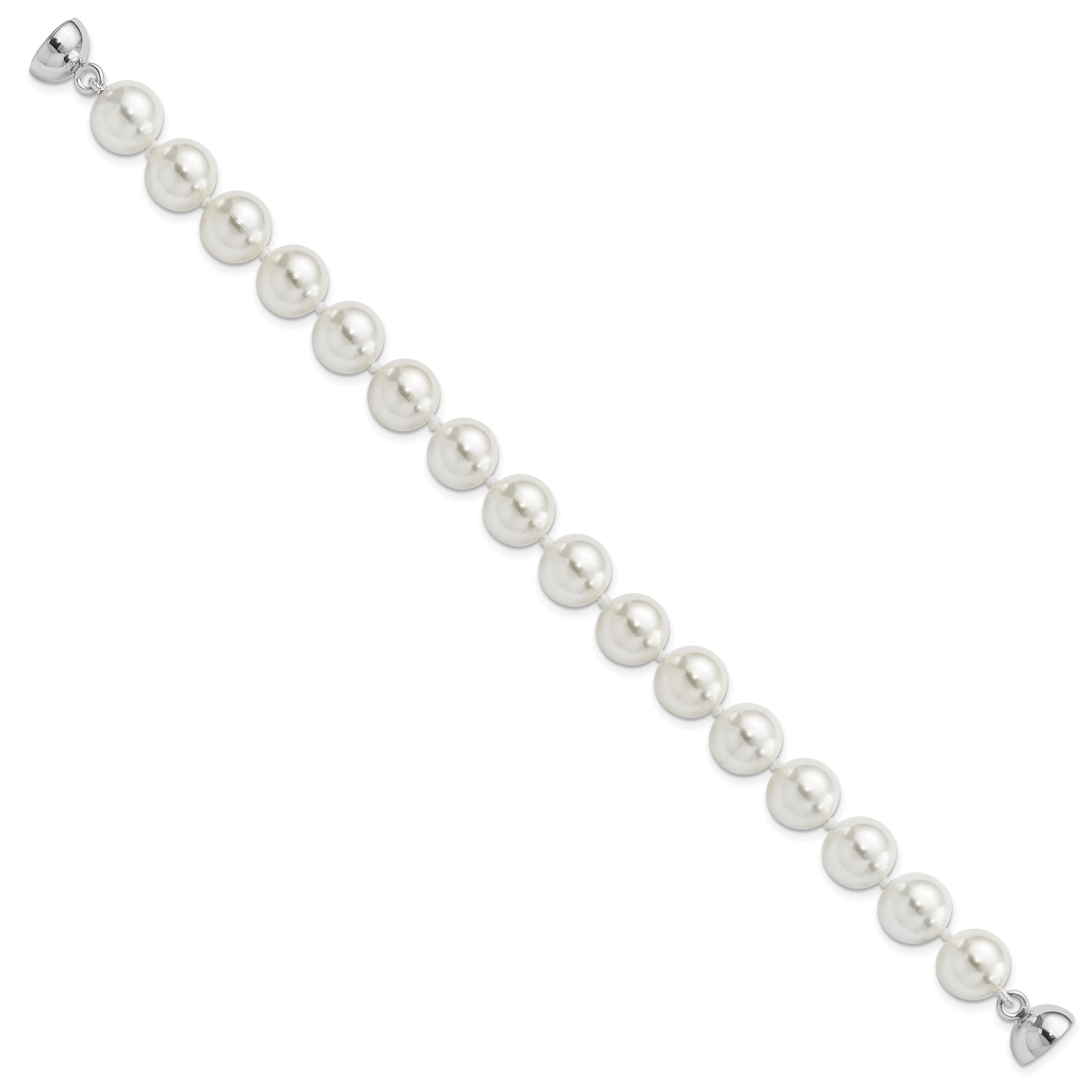 7.5 Inch Majestic Sterling Silver Rhodium-Plated 10-11mm White Imitation Shell Pearl Hand-Knotted Bracelet