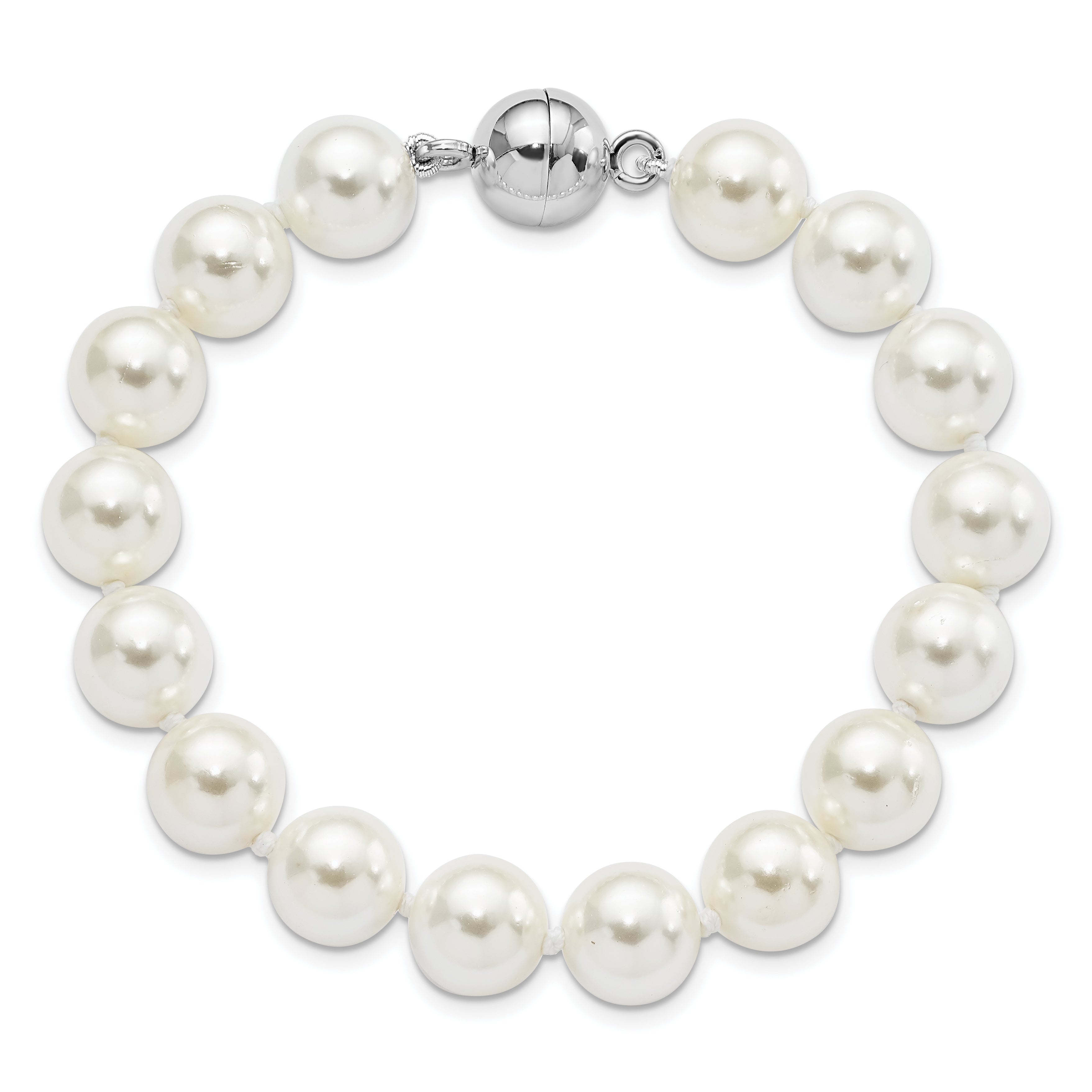 7.5 Inch Majestic Sterling Silver Rhodium-Plated 10-11mm White Imitation Shell Pearl Hand-Knotted Bracelet