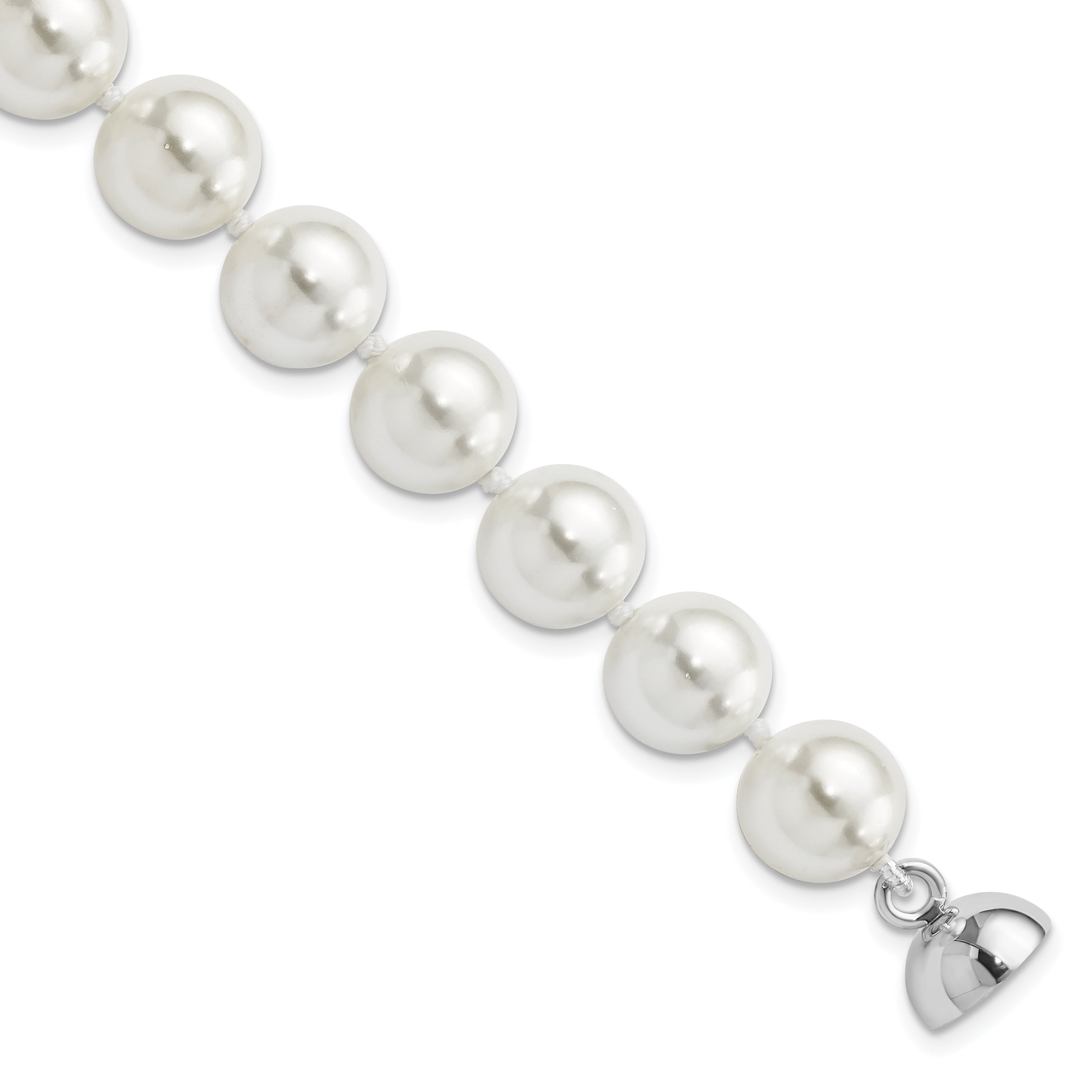 7.5 Inch Majestic Sterling Silver Rhodium-Plated 10-11mm White Imitation Shell Pearl Hand-Knotted Bracelet