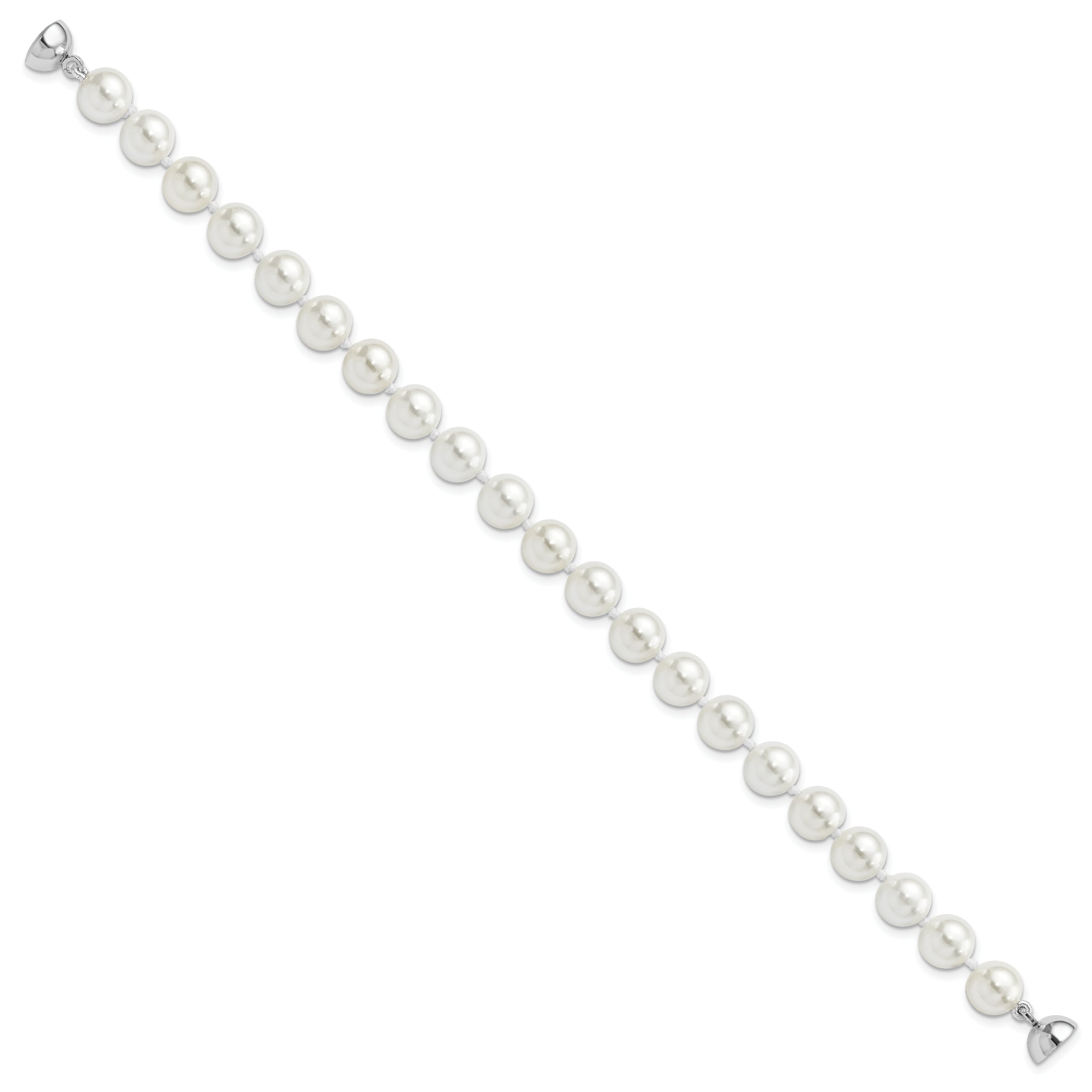 7.5 Inch Majestic Sterling Silver Rhodium-Plated 8-9mm White Imitation Shell Pearl Hand-Knotted Bracelet
