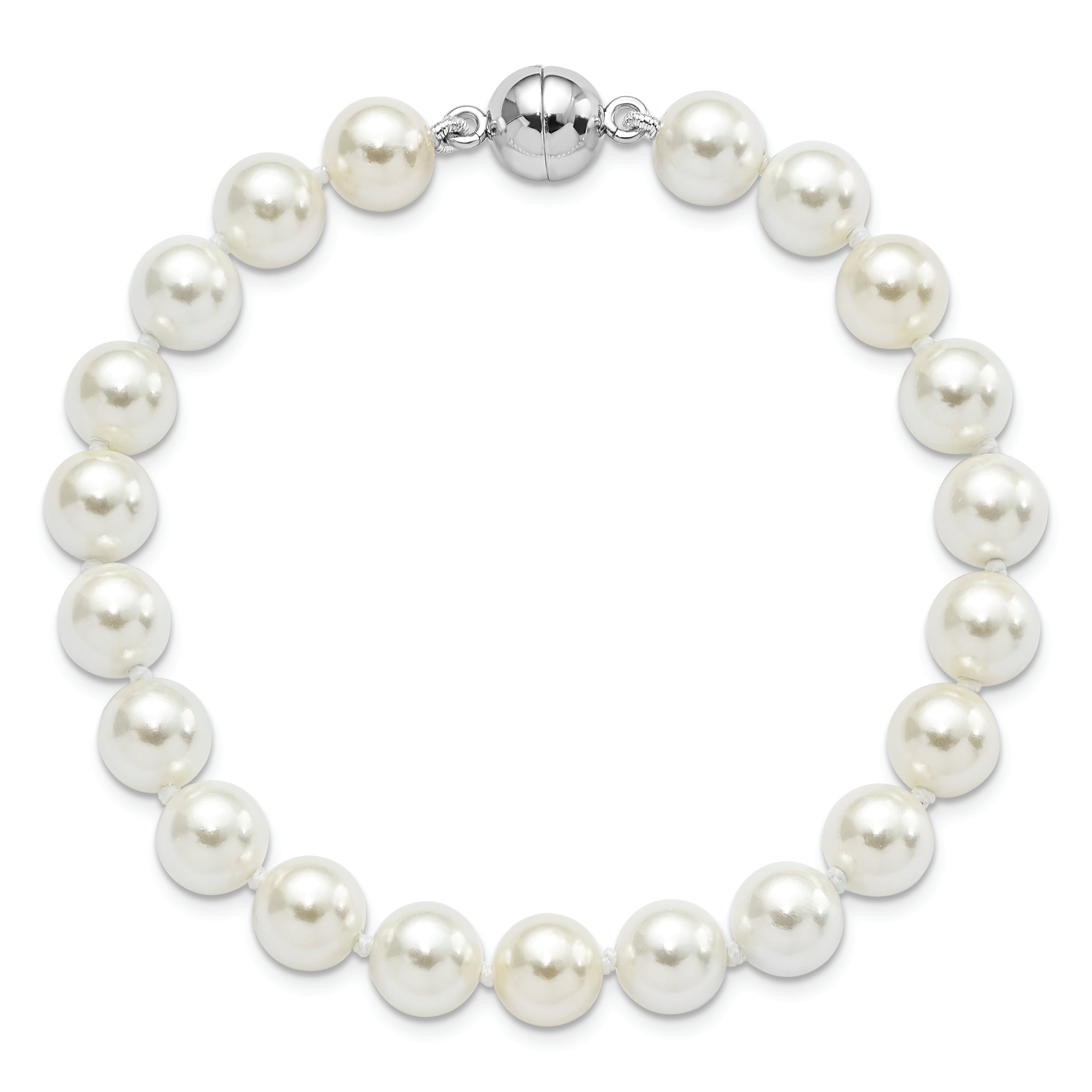 7.5 Inch Majestic Sterling Silver Rhodium-Plated 8-9mm White Imitation Shell Pearl Hand-Knotted Bracelet