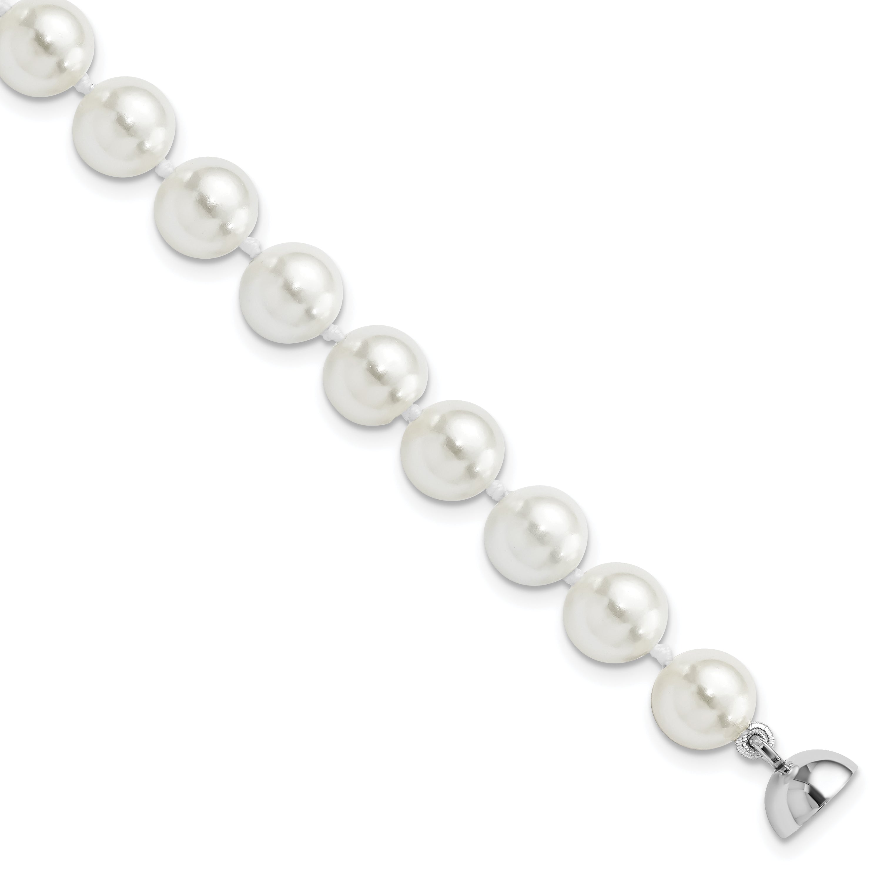 7.5 Inch Majestic Sterling Silver Rhodium-Plated 8-9mm White Imitation Shell Pearl Hand-Knotted Bracelet