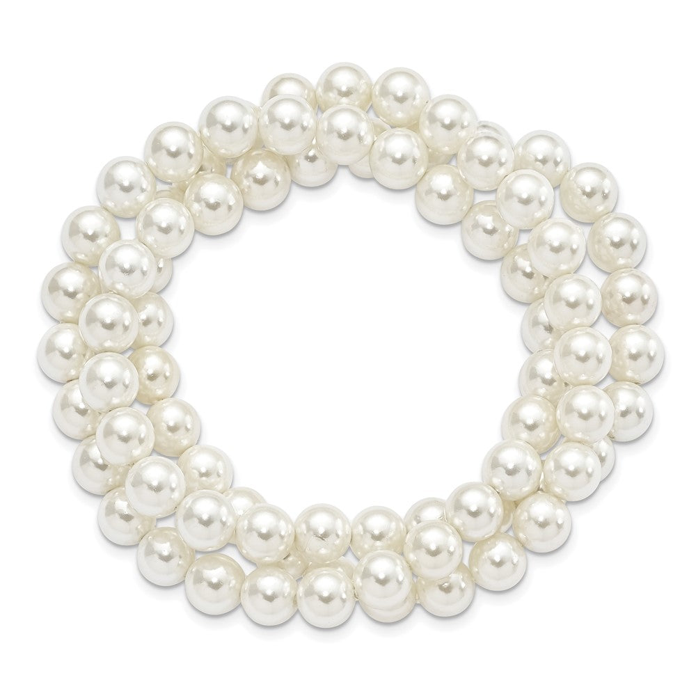 Fashion Majestik 7-8mm White Imitation Shell Pearl Hand-Knotted Set Of 3 Stretch Bracelets