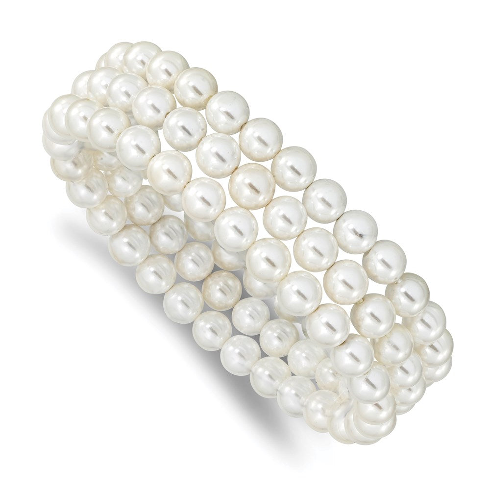 Fashion Majestik 7-8mm White Imitation Shell Pearl Hand-Knotted Set Of 3 Stretch Bracelets