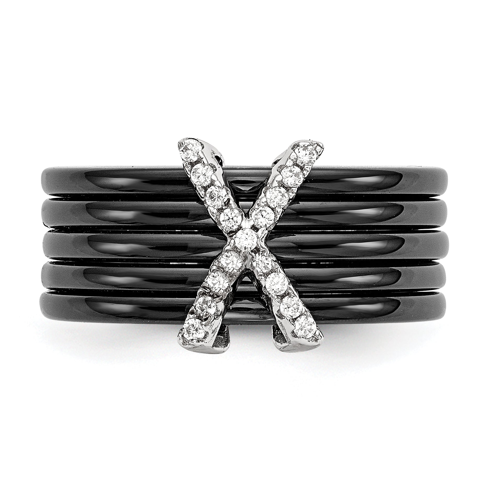 Sterling Silver Brilliant Embers Rhodium-Plated 17 Stone Micro Pav Cz X Ceramic Ring