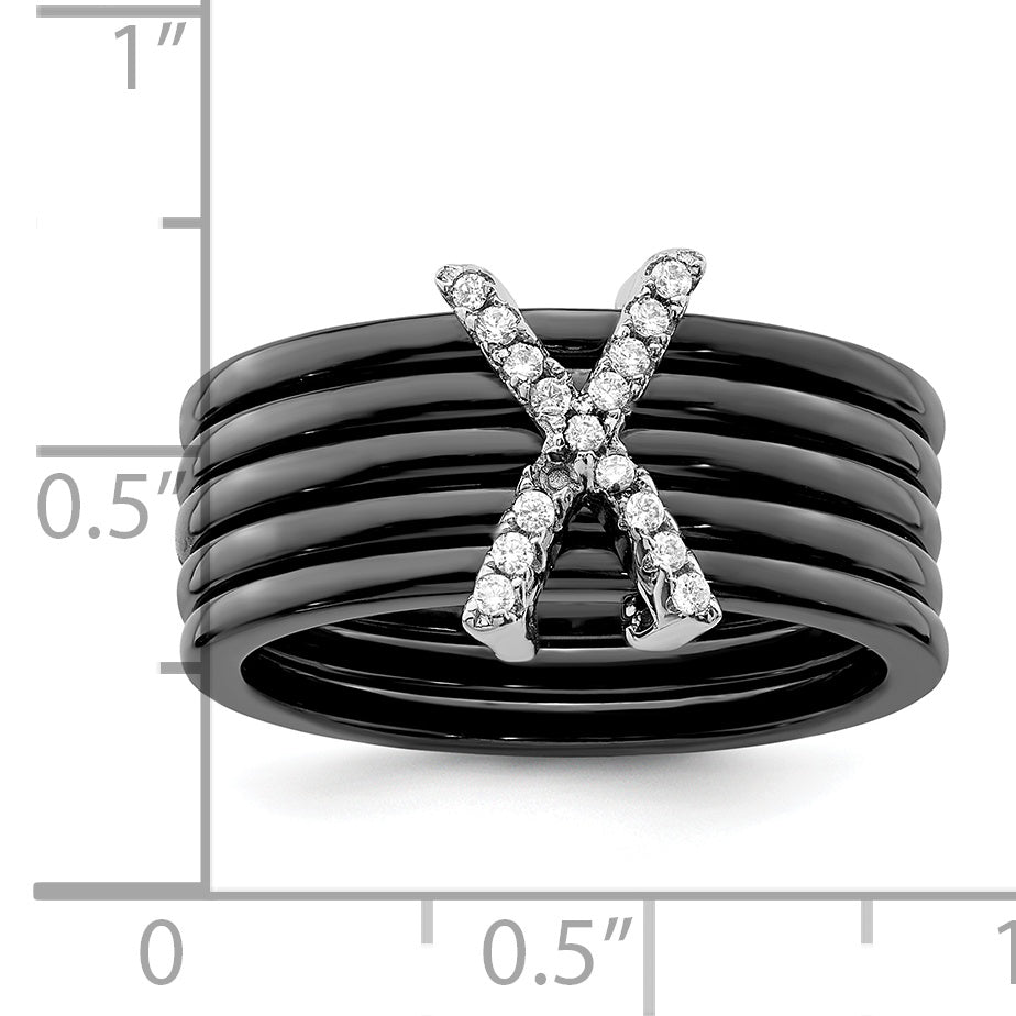 Sterling Silver Brilliant Embers Rhodium-Plated 17 Stone Micro Pav Cz X Ceramic Ring