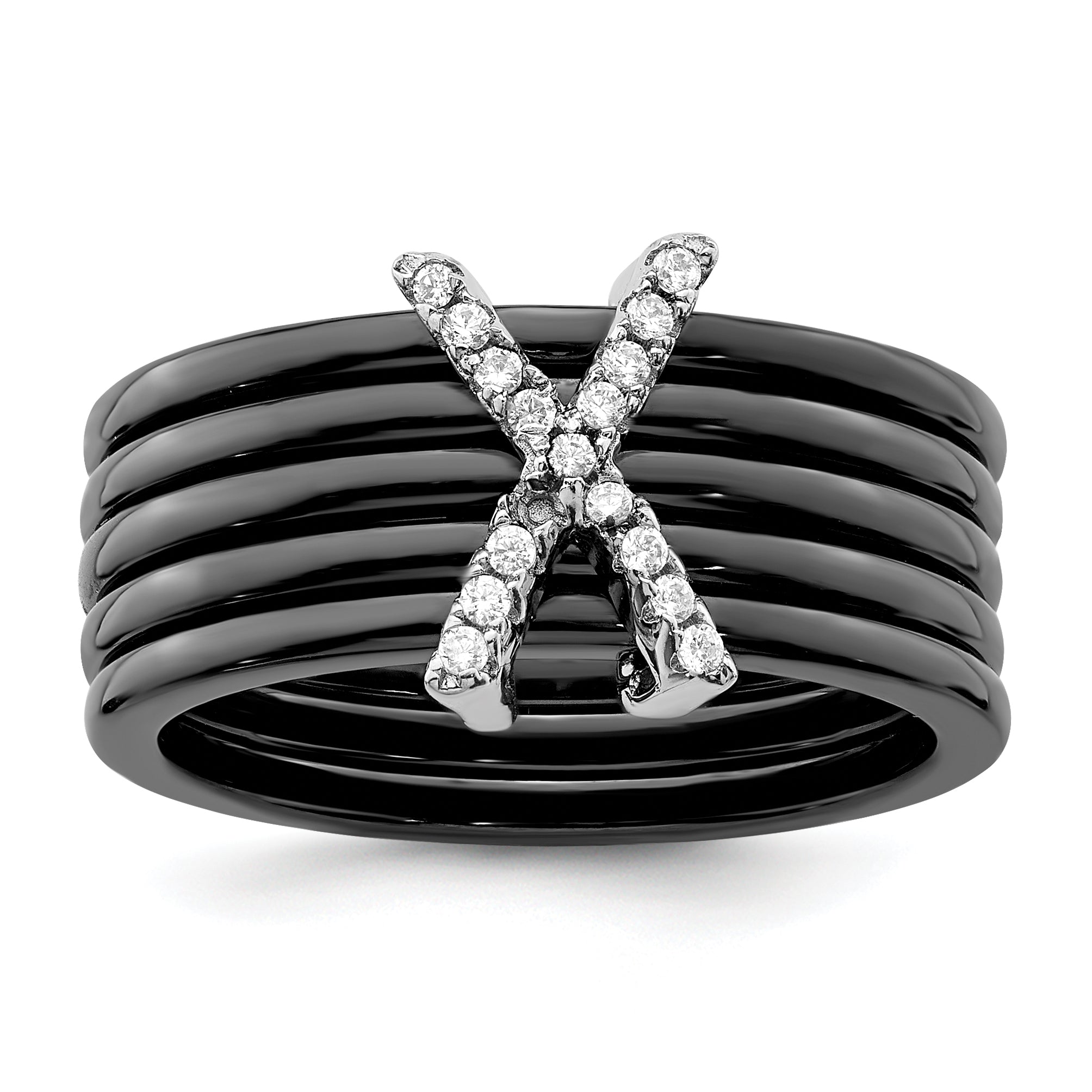 Sterling Silver Brilliant Embers Rhodium-Plated 17 Stone Micro Pav Cz X Ceramic Ring
