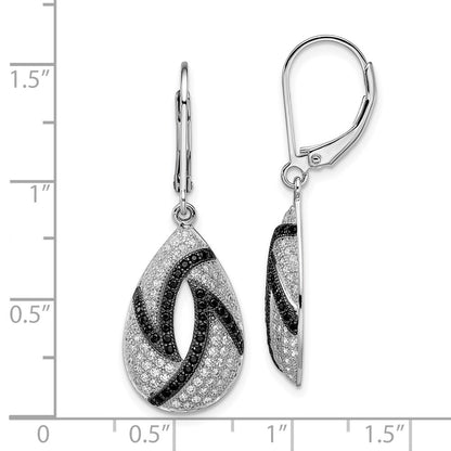 Sterling Silver Brilliant Embers Rhodium-Plated 198 Micro Pav Black And White Cz Teardrop Leverback Earrings