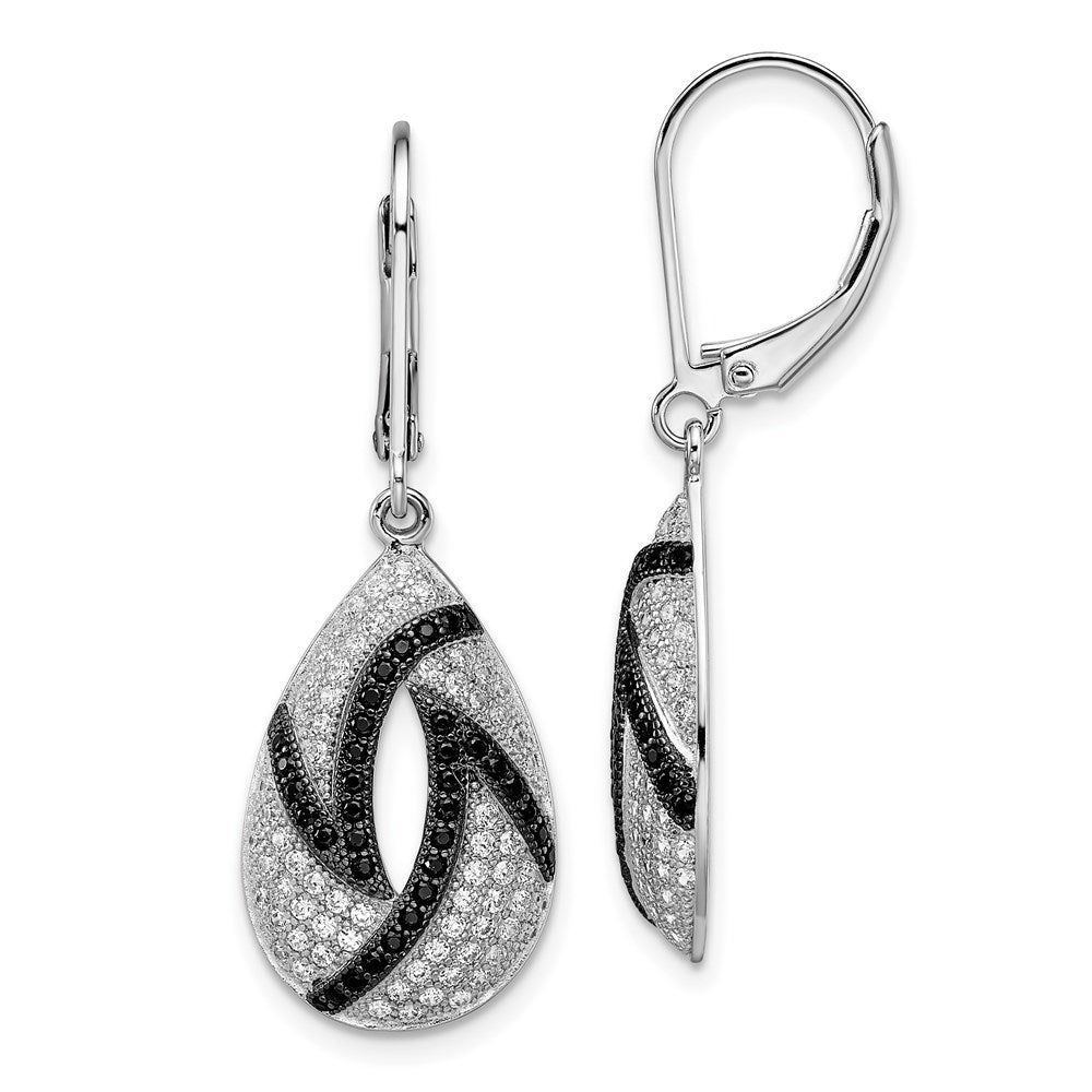 Sterling Silver Brilliant Embers Rhodium-Plated 198 Micro Pav Black And White Cz Teardrop Leverback Earrings