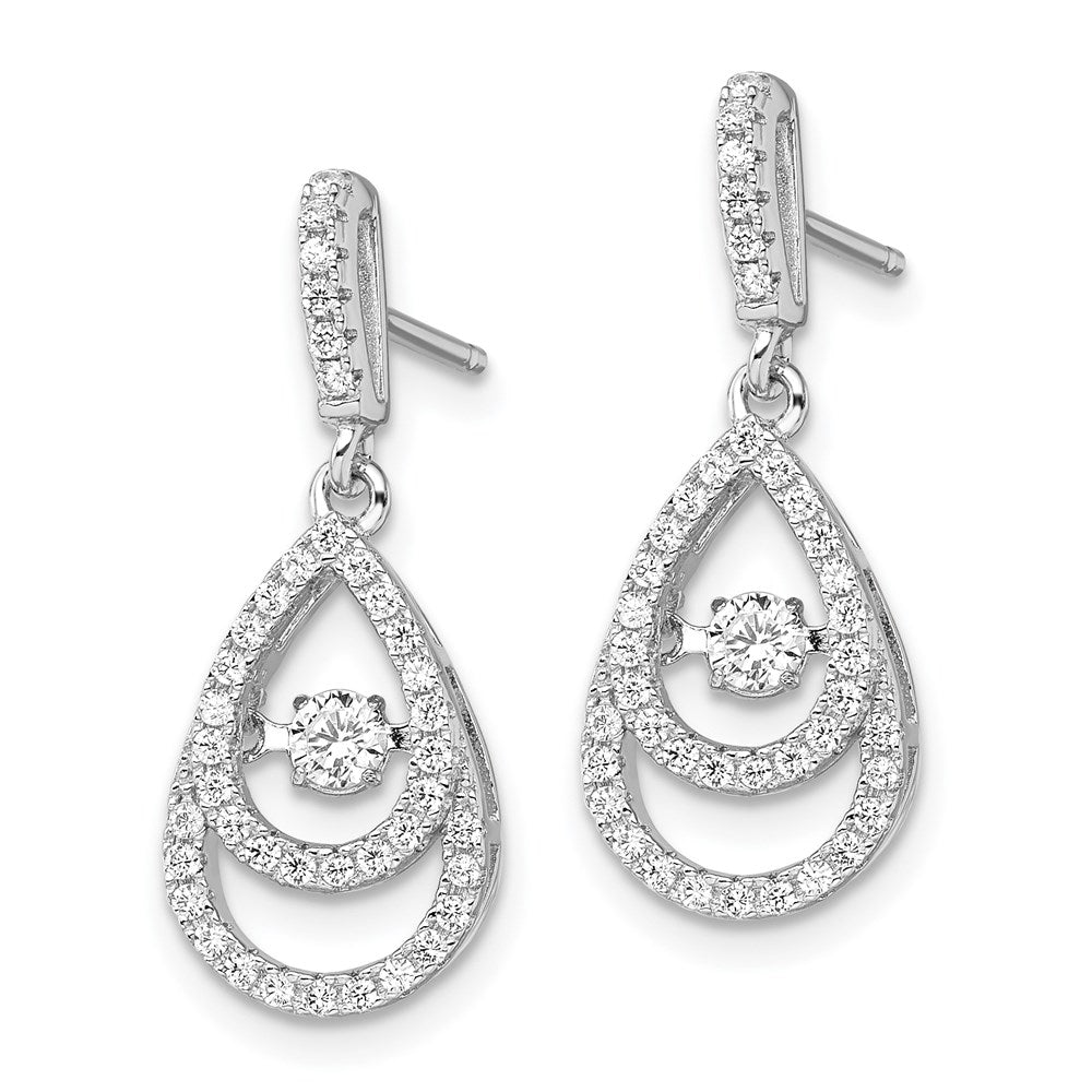 Sterling Silver Brilliant Embers Rhodium-Plated 82 Stone Cz Moving Center Pear Shaped Vibrant With Micro Pav Dangle Post Earrings