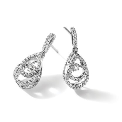 Sterling Silver Brilliant Embers Rhodium-Plated 82 Stone Cz Moving Center Pear Shaped Vibrant With Micro Pav Dangle Post Earrings