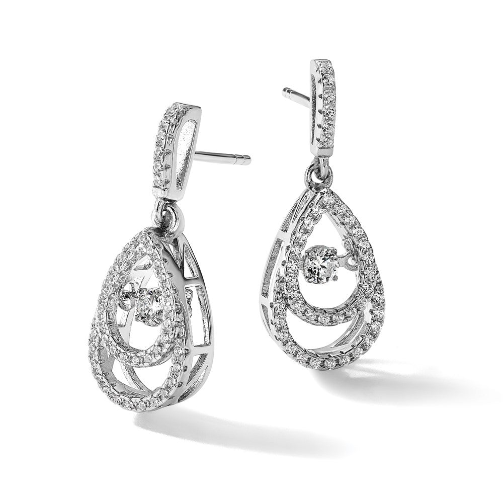 Sterling Silver Brilliant Embers Rhodium-Plated 82 Stone Cz Moving Center Pear Shaped Vibrant With Micro Pav Dangle Post Earrings
