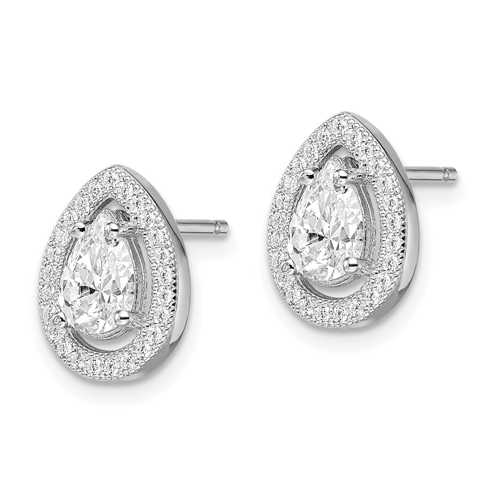 Sterling Silver Brilliant Embers Rhodium-Plated 52 Stone Pear Halo Micro Pav Cz Teardrop Post Earrings