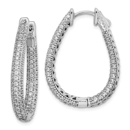 Sterling Silver Shimmer Rhodium-Plated 242 Stone Pav 1.2mm-1.5mm Cz In And Out Teardrop Hinged Hoop Earrings