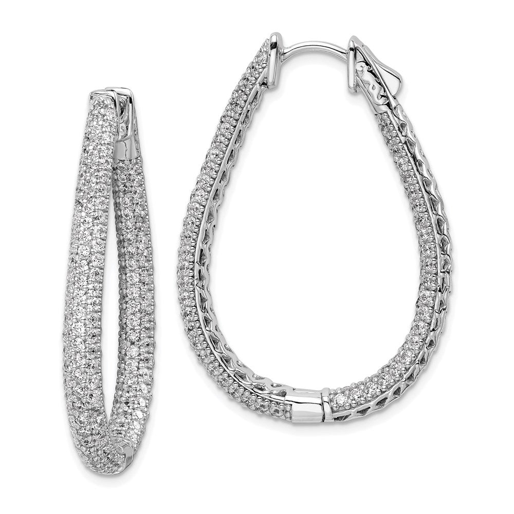 Sterling Silver Shimmer Rhodium-Plated 308 Stone Pav 1.2mm-1.5mm Cz In And Out Teardrop Hinged Hoop Earrings