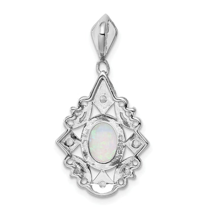 Sterling Silver Rhodium-Plated Created Opal And Cz Pendant