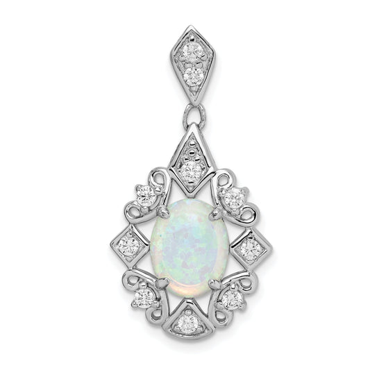 Sterling Silver Rhodium-Plated Created Opal And Cz Pendant