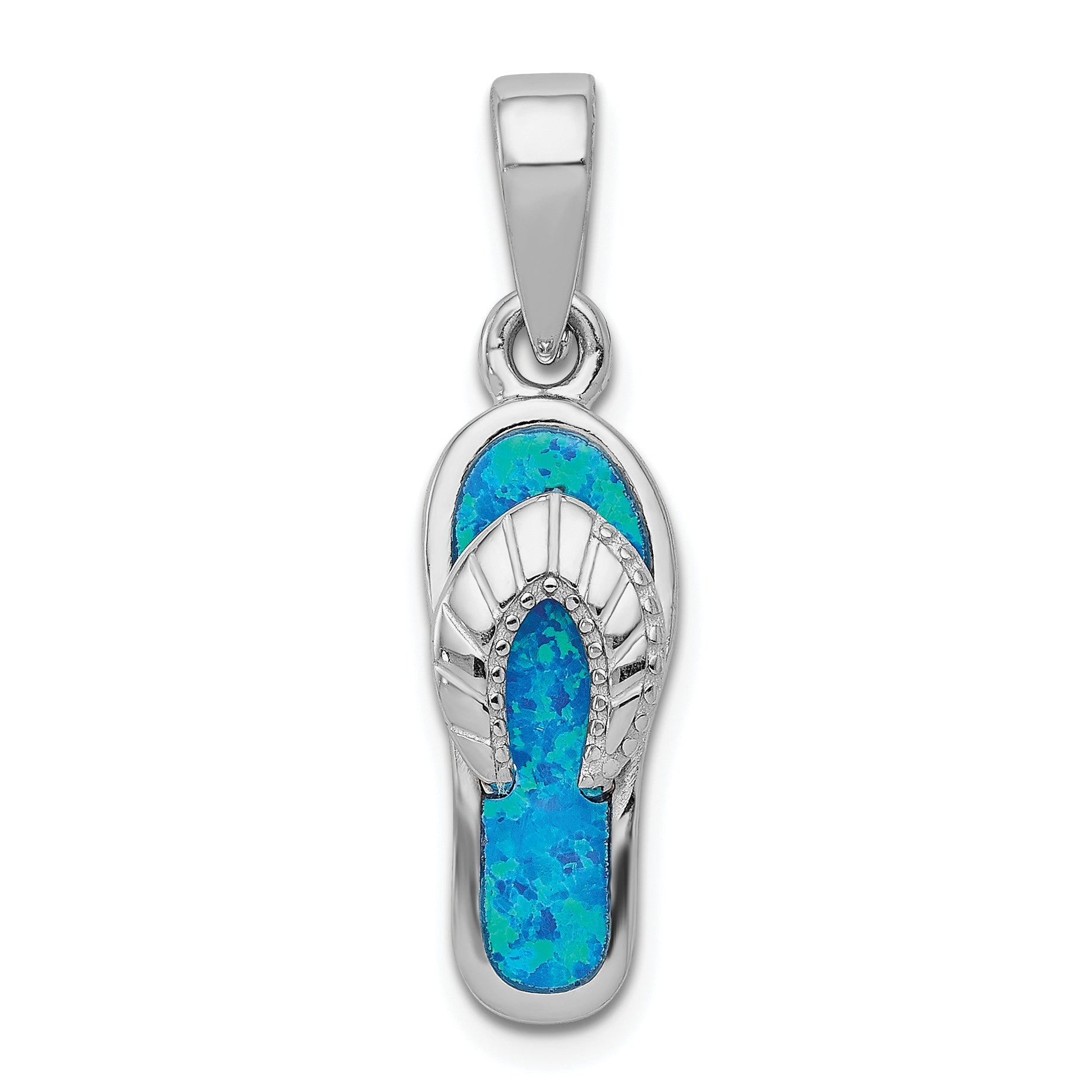 Sterling Silver Rhodium-Plated Polished Created Blue Inlay Opal Sandal Pendant