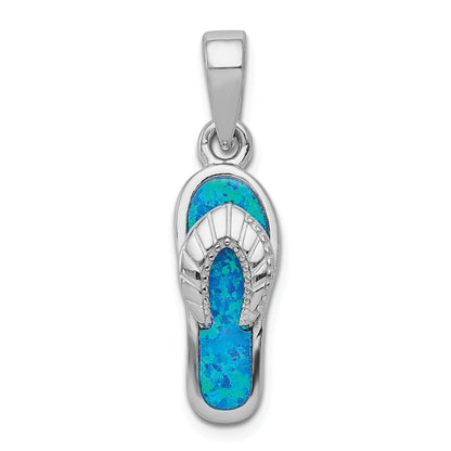 Sterling Silver Rhodium-Plated Polished Created Blue Inlay Opal Sandal Pendant