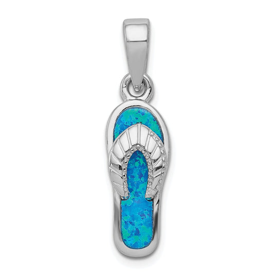 Sterling Silver Rhodium-Plated Polished Created Blue Inlay Opal Sandal Pendant