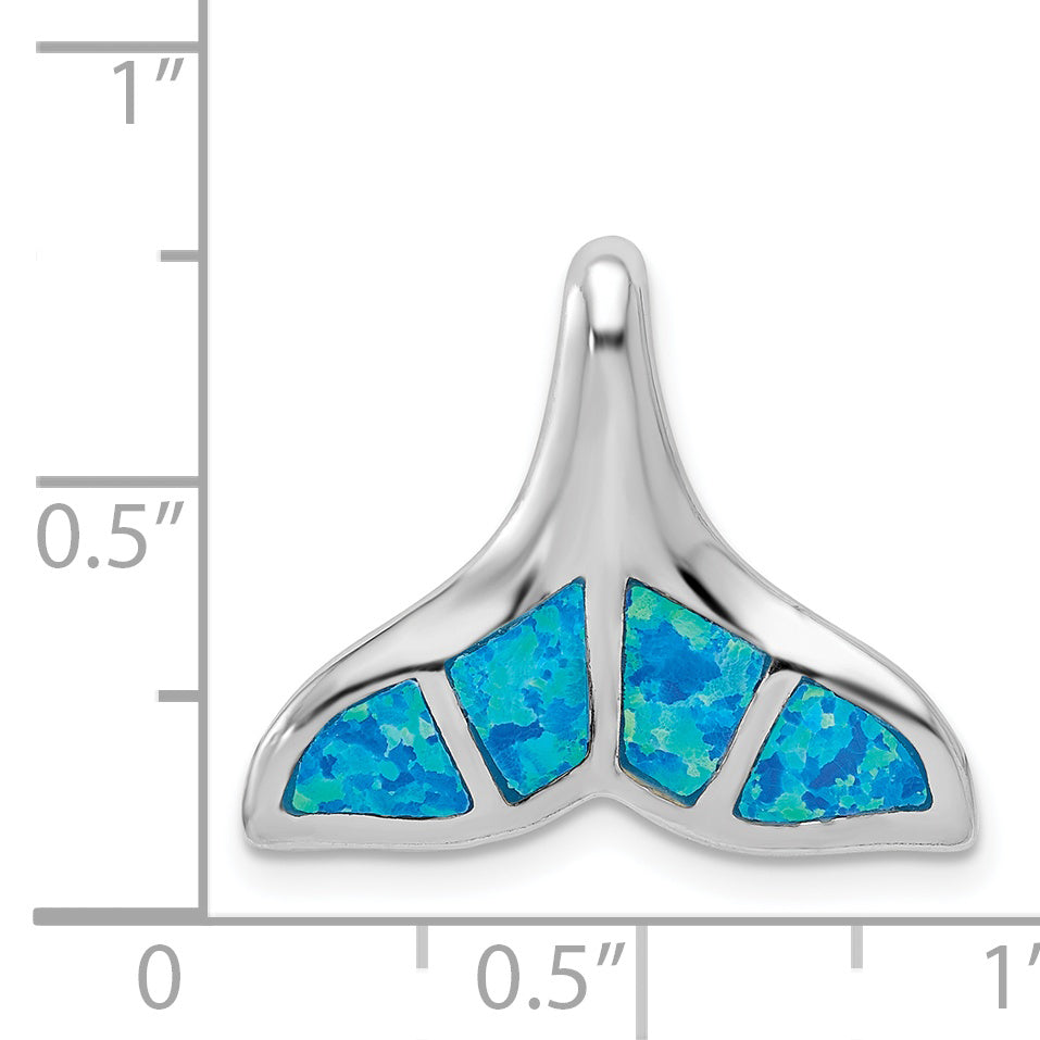 Sterling Silver Rhodium-Plated Polished Created Blue Opal Whale Tail Chain Slide